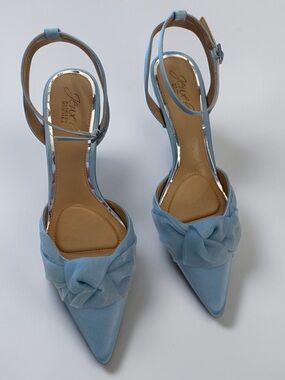 Jewel Badgley Mischka Light Blue Pointed-Toe Ankle-Strap Heels with Rosette